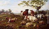 Resting Cattle, Sheep And Deer, A Farm Beyond by Charles Jones